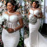 Mermaid Wedding Dress African Luxury White Beaded Lace Full-Sleeve Vintage Elegant Bride Dress Dress 2026 HZ0517