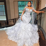 Wedding Dress Woman's New Light Luxury Heavy Industry Nails Fish Tail Long Sleeve Deep V Body-Tailed Bridal Main Wedding Dress HZ0517