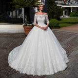 New Bridal Wedding Dress Word Shoulder Long Sleeves Thin Temperament Drag Lace Dress HZ0517
