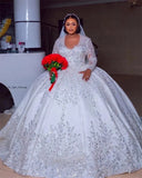 Luxury Grand Ball Dress Lace Lebright Wedding Dress V-Neck Long Sleeve Bride Dress Pearl Lace Duffet Long Sleeve HZ0517