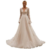 Sexy Perspective Wedding Dress Long Sleeve Embroidery Deep V Ponp Wedding Bridal Wedding Bridal Wedding Bridal Wedding Studio HZ0517