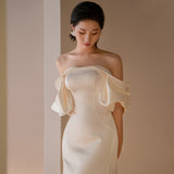 French Light Wedding Dress 2025 New Bridal Retro Shoulder White Fasley Fishtail Dress Woman HZ0517