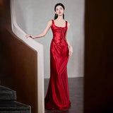 High-End Feeld Dingy Toasting French Wine Red Morning Dress Female Wedding Dress Sling Wedding Dress HZ0517