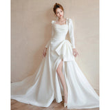 Sing Long-Sleeved Light Wedding Dress Bride High-Grade French White Simple Tailings Out Of The Yarn Temperament Hepburn Style Dress HZ0517