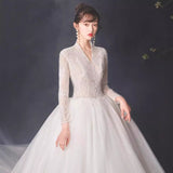 Starry Sky Light Master Wedding 2026 New Bride V-Neck Long Sleeve French-Style Large Dragtail Showing Thin Temperament Retro Princess Style HZ0517