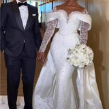 New Wedding Dress Grid Shoulder-Squining Long-Sleeved Heavy Industry Tail Bride Main Yarn Wedding Party HZ0517