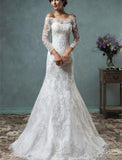 2026 Spring New Wedding Dress Sexy Lace Word Shoulder Long Sleeve Tail Wedding Dress HZ0517