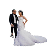 Large-Size Luxury Wedding Dress Bridal Dress African Mermaid Long-Sleeved Bead Lace Pearl HZ0517