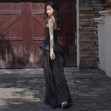 Black Evening Dress Female Senior Sense Light Luxury Banquet Temperament Brat Dress Host Art Exam Dress Dress Dress HZ0517