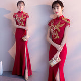 A Toasting Cheongsam Summer Long Chinese Bride Wedding Red Fishtail Evening Dress Women's Dress Evening Dress Evening Dress HZ0517
