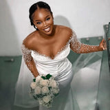 New Word Shoulder Fishtail Wedding Dress Long Sleeve Heavy Work Body Dragging African Bridal Dress Temperament Yarn HZ0517