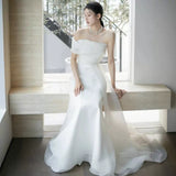 French One-Word Bridal Wedding Dress High Quality High-Quality Light Luxury Niche Temperament White Fishtail Welcome Yarn HZ0517
