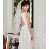 French White Bride High-End Feel Dress Simple Retro High-Waist Travel Holiday Certificate Registration Dress HZ0517