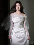 French One-×Ö Shoulder Lace Long-Sleeved Light Wedding Dress High-End Feeld With The Sedable Noodles Small Tail Welcome Dress Dress Bride Go Out Yarn HZ0517