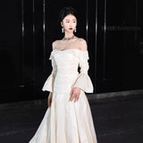 French-Style Densinted Light Wedding Dress Bride Simply Covered The Ancient Long-Sleeved Small Habitat Forest Style Yarn One-Shoulder-Tail Dress HZ0517