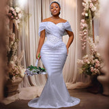 One-Word Shoulder Wedding Dress And Tail Female Senior Banquet Temperament Famous Host Small Sexy Heavy Industry Nails HZ0517
