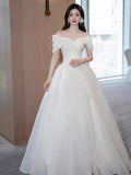 French One-Word Shoulder New White Yarn Yarn Bridal Small High Quality Light Wedding Dress HZ0517