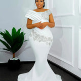 Shiny Long Mermaid Wedding Dress For Black Girl Side-Shoulder Diamond Bridal Dress Sweeping Tailings HZ0517