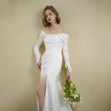 One-Word Shoulder Long Sleeves And Two Elegant Fishtails And Bridal Wedding Lawn Tour HZ0517