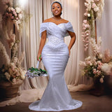 One-Word Shoulder Wedding Dress And Tail Female Senior Banquet Temperament Famous Host Small Sexy Heavy Industry Nails HZ0517