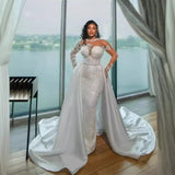 Ding Noodle Bride Wedding Dress White Lace Temperament Main Wedding Dress Beads Long Sleeve Removable Tailed Wedding Dress HZ0517