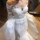 White Mermaid Wedding Dress Removable Tulle Long-Sleeved Lace Beaded Shiny Long Wedding Dress HZ0517