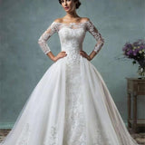 2026 Spring New Wedding Dress Sexy Lace Word Shoulder Long Sleeve Tail Wedding Dress HZ0517