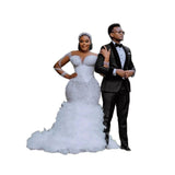 White Mermaid Wedding Dress Transparent Beaded Selet Layer Bridal Dress Dress Lace Long Sleeve Retro HZ0517