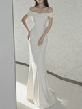 New Steven White Shoulder Evening Dress Engagement Toast Banquet Annual Fish Tail Light Wedding Dress Yarn HZ0517