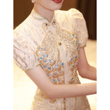Champagne Golden Toast Dress 2025 New Bridal Fishtail Cheongsam Summer Coat Wedding Dress HZ0517