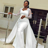 French Light Wedding Dress Bridal Sen Lace Fishtail Welcome Door Yarn Shoulder Long-Sleeved Dress Dress Summer HZ0517