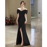 French One-Word Shoulder-To-Night Dress Sexy Open-Fork White Art Test Solo Performance Suit Waist Fish Tail Small Tail Light Marriage HZ0517