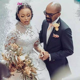 2026 Spring New Meat Color Lace Mesh Wedding Dress African Bride Long-Sleeved Diamond Decorated Big Tail White Wedding Dress HZ0517