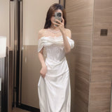 One-Word Shoulder-Senior Silk Dress Bridal High-Senal French Simple Lace Yarn Fishtail Dress HZ0517