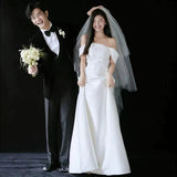 One-Word Shoulder Light Wedding Dress Senior Sense Of The Densified Bride Engagement Welcome Yarn Simple Thin Travel Shoot Summer HZ0517