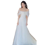 One-Word Shoulder Light Wedding Dress Korean Super Xiansen Bride's Morning Robes Go Out Yarn Light Luxury Thin Dress Dress HZ0517