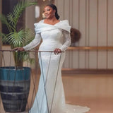 Sparkling African Mermaid Wedding Dress Long-Sleeved Lace Shiny Bridal Dress For Black Girls HZ0517