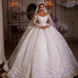 New African Wedding Dress Complexion Lace Long-Sleeved High-Waisted Diamond 3D Three-Dimensional Flower Bridal Wedding Dress HZ0517