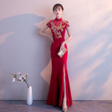 A Toasting Cheongsam Summer Long Chinese Bride Wedding Red Fishtail Evening Dress Women's Dress Evening Dress Evening Dress HZ0517