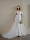 French Braided Light Wedding Dress Fishtail Sling Lace Lace Sleeves Small Tow White Two-Piece Yarn HZ0517