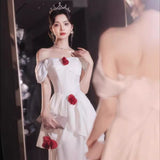 White Evening Dress Sexy Famous Luxury Niche High-End Rose Flower Birthday High-End Feel Dress Adult Ceremony HZ0517