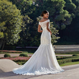 2026 New Word Shoulder Long Tail Ceremony Wedding Fish Tail Skinny Bride Wedding Banquet Embroidery Wedding Dress HZ0517