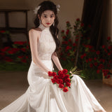 French Light Wedding Dress Bride Retro Feeling Welcome Yarn Temperament Hanging Neck Lace Fishtail Morning Dress Dress Female HZ0517