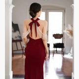 Wine Red Toasting Bride's New Fish Tail Repair Slimy Temperament Bare Back Sexy Hanging Neck Dress Texture Marriage HZ0517