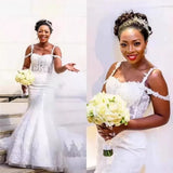 New Wedding Dress Lace Fishtail Sexy Sling Shoulder Size Bridal Dress Heavy Industry Drag Tail Main Yarn Africa HZ0517