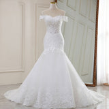 2026 New White Temperament Dream Lace Word Shoulder Long Tail French Wedding Dress HZ0517