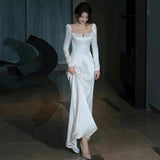 French Long-Sleeved Light Wedding Bridal Temperament Simple Spring And Autumn Fastern Go Out Yarn Super Fairy White Fishtail Dress Skirt HZ0517