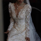 French Travel Photography Heavy Industry High-End Light Wedding Dress 2025 New Bridal Lace Long Sleeve Wedding Yarn HZ0517
