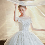 French Court Style Wedding Dress 2026 New Bride's Word Shoulder-Sand-Faced Thin Arm Simple Tweed White Wedding Dress HZ0517