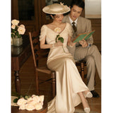 French Light Wedding Dress A Word Of White Retro Simple Thin Fishtail Travel To The Door To Receive The Welcome Yarn Dress HZ0517
